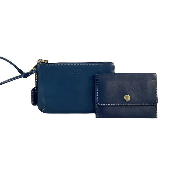 Coach Womens Soft Blue Leather Wristlet Wallet Set